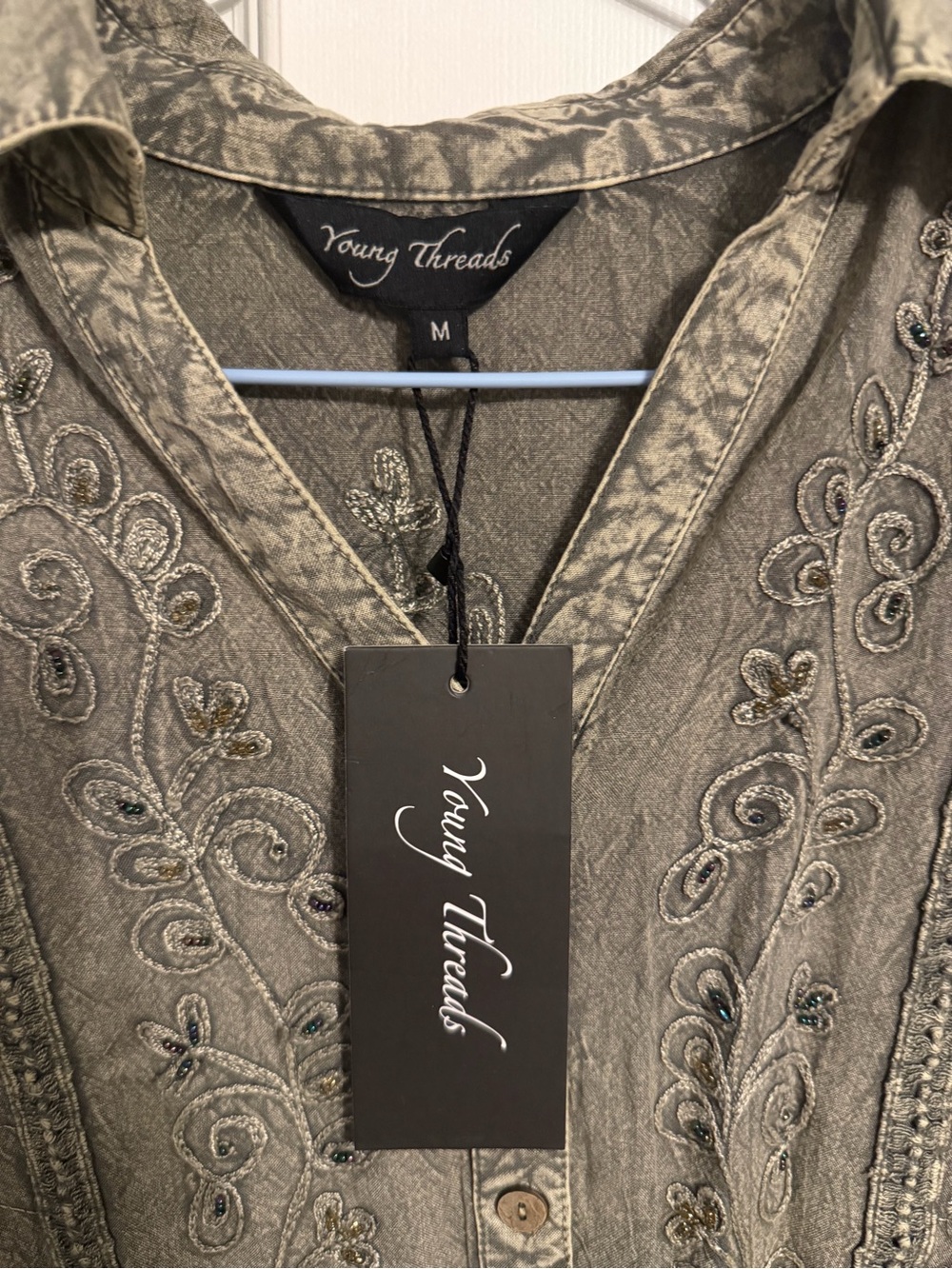 Young Threads Olive 3/4 Sleeve Embroidered Dress, Size Medium. New With Tags. - Picture 4 of 16
